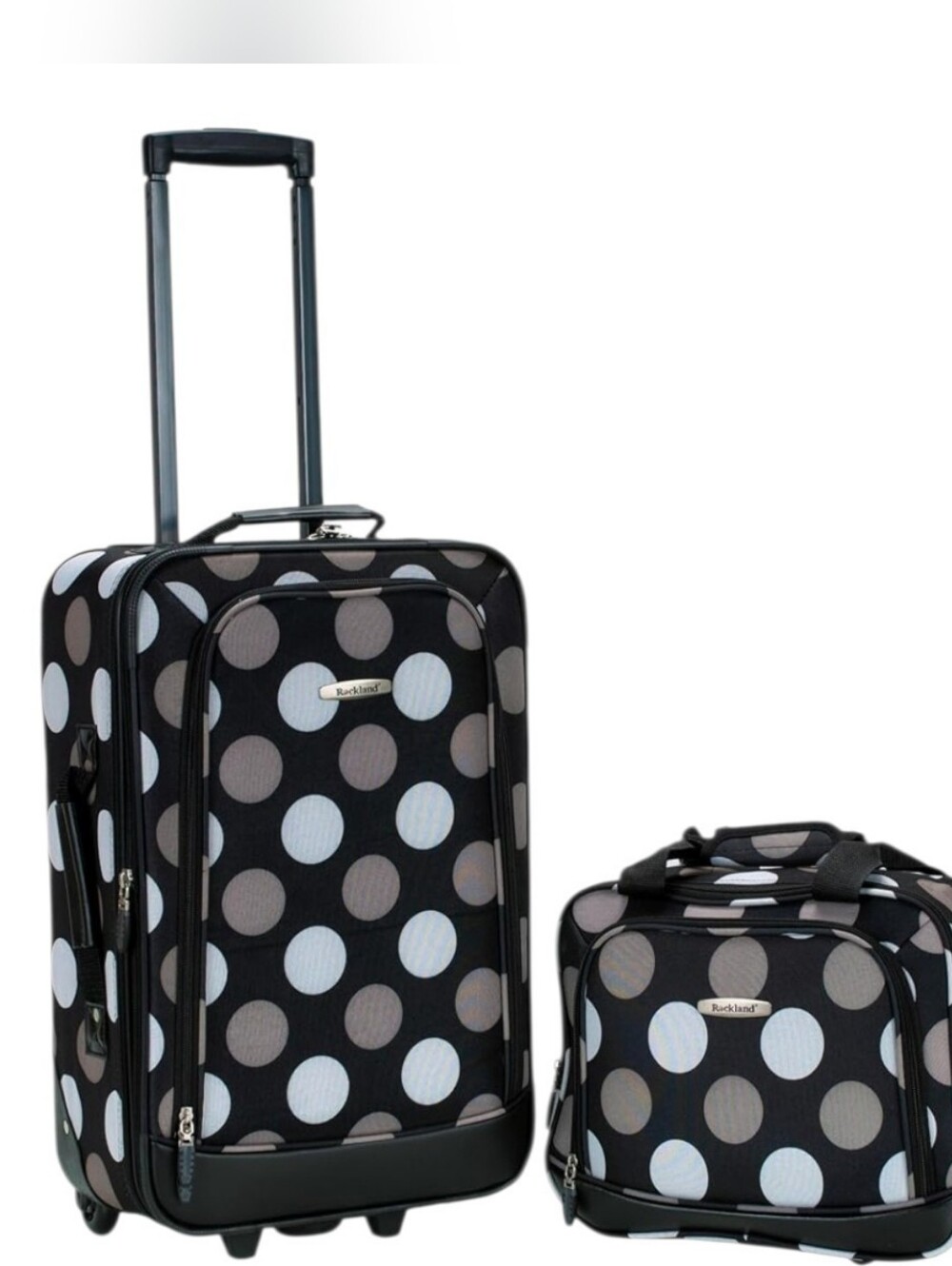 Travel Luggage Set in Black with Gray and White Polka Dots